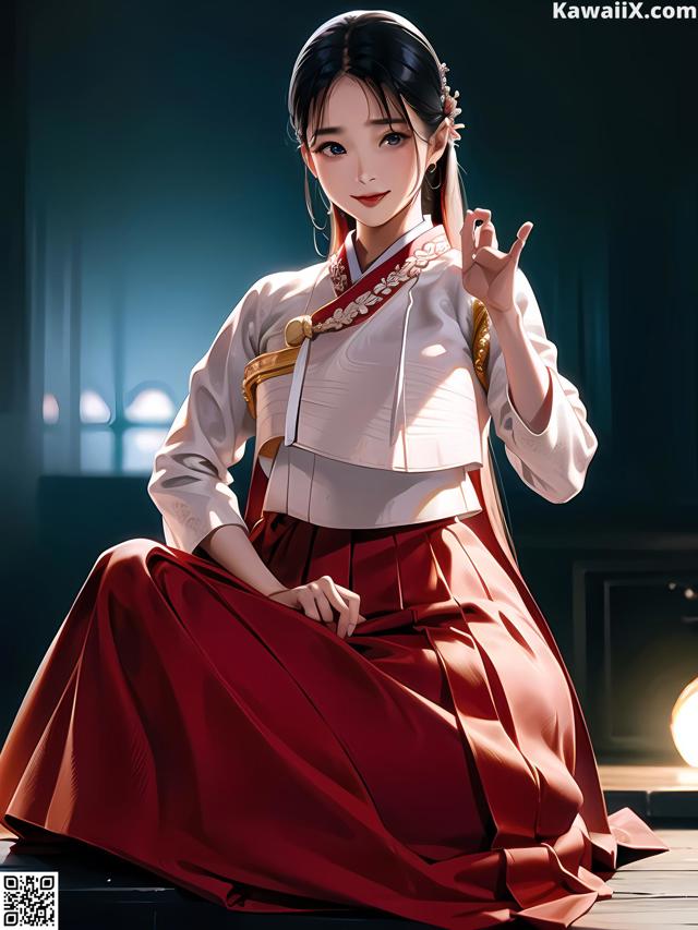 A woman in a red and white dress sitting on the floor.