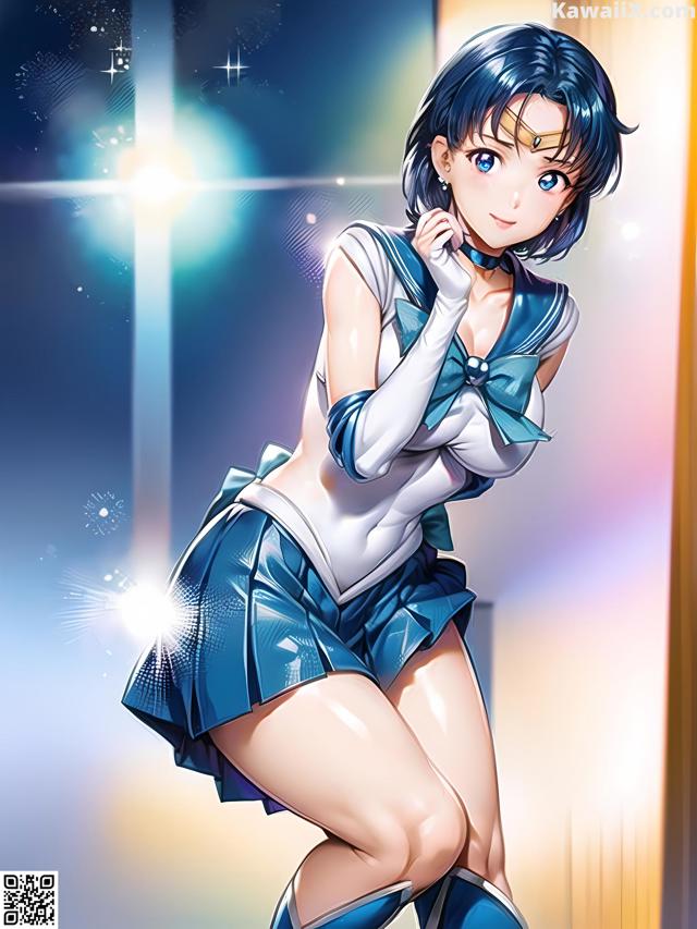 A woman in a blue and white outfit posing for a picture.